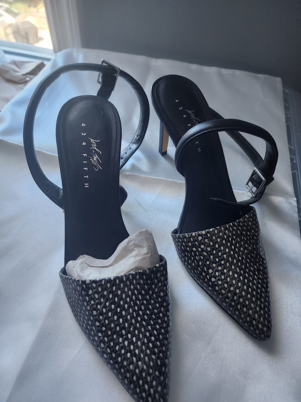 Lord & Taylor Black and White Patterned Pointed-Toe Slingback Heels